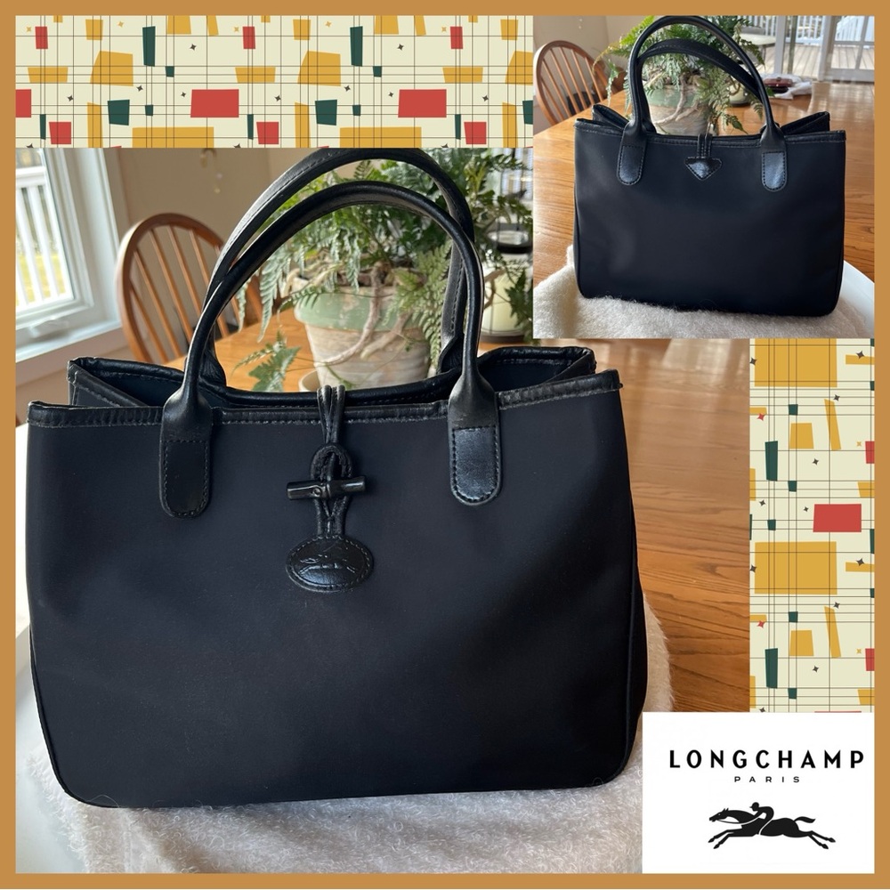 Longchamp Leather Trimmed Nylon Roseau Tote Hand Bag Sleek Timeless Elegance